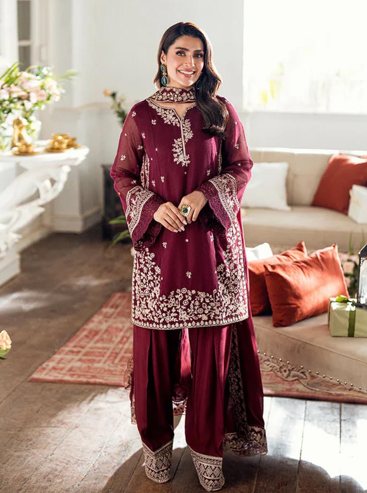 AZURE chiffon thread embroidered & dhanak embroiderd shawl unstitced 3pc