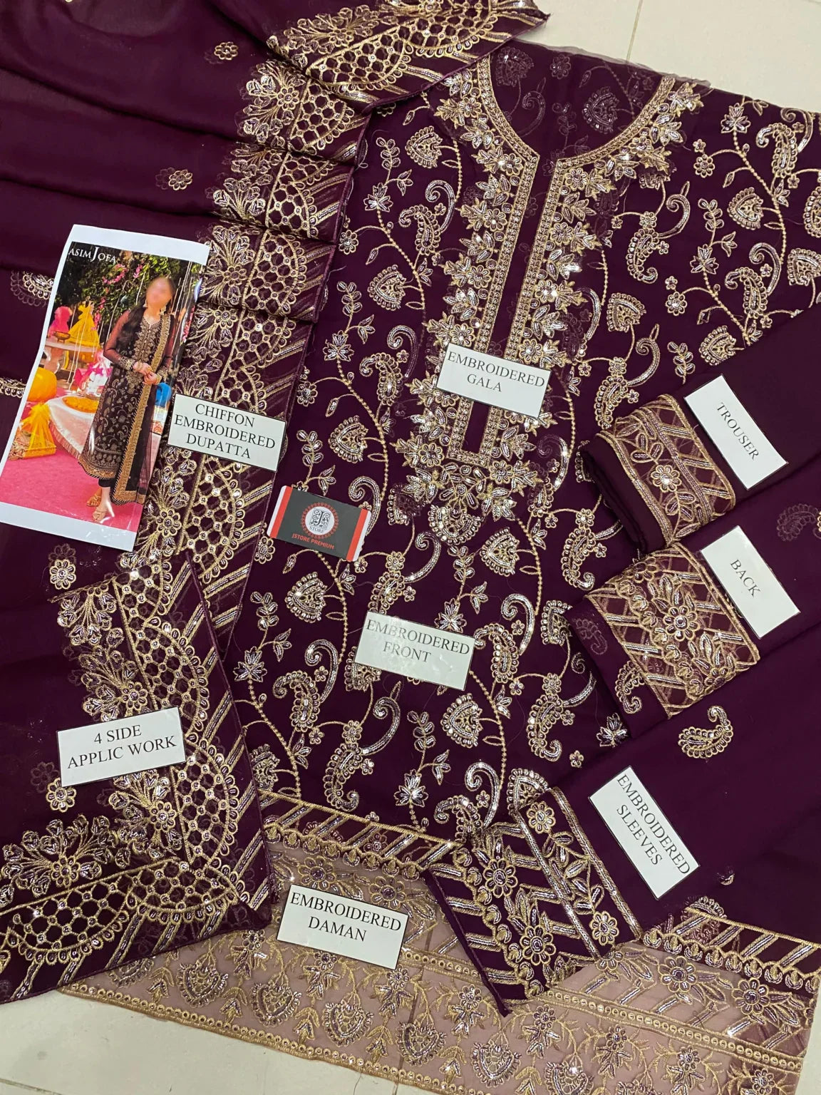 ASIM JOFA  chiffon embroidered sequence unstitced 3pc