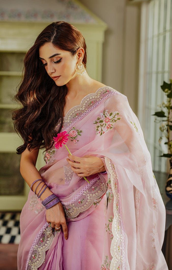 MAYA PRET organza embroiderd hand embellished luxury unstitched saree 3pc