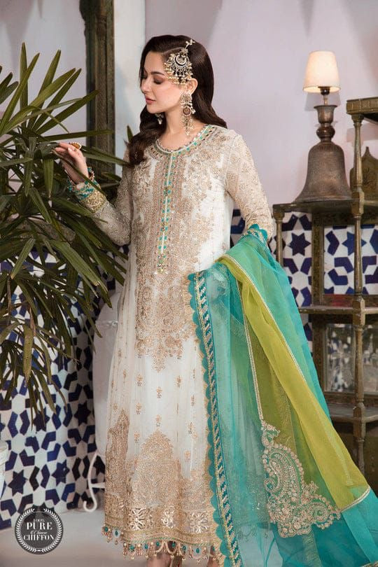 MARIA B  Front fully heavy embroidered with full handwork pearls and full length
