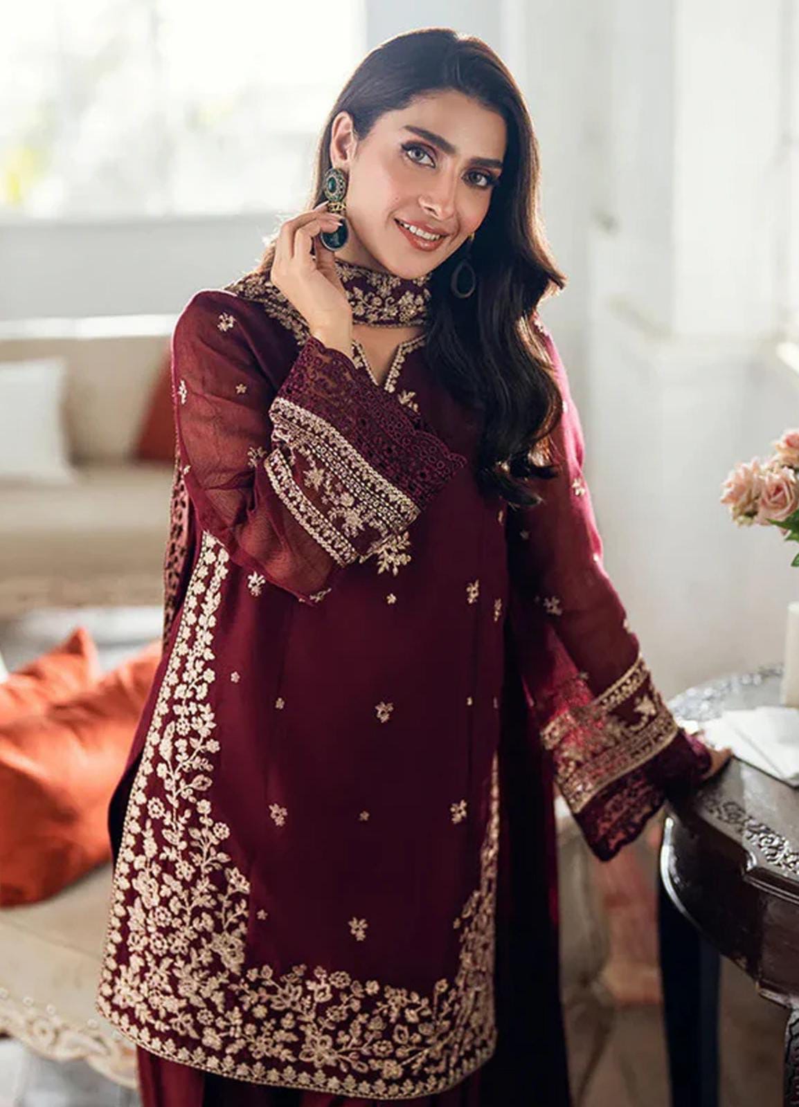 AZURE chiffon thread embroidered & dhanak embroiderd shawl unstitced 3pc