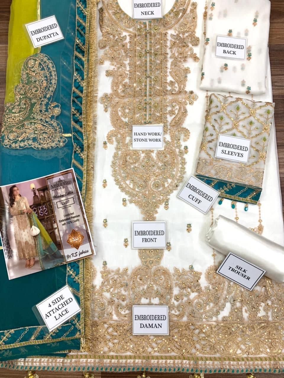 MARIA B  Front fully heavy embroidered with full handwork pearls and full length