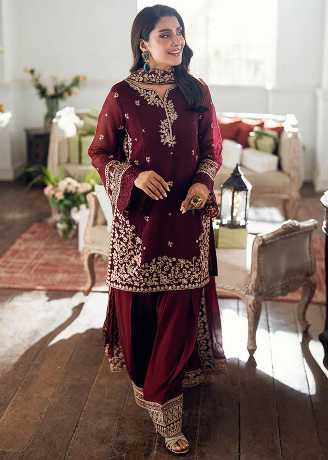 AZURE chiffon thread embroidered & dhanak embroiderd shawl unstitced 3pc